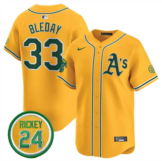 Mens Oakland Athletics #33 JJ Bleday Yellow 2024 Limited With Rickey Henderson Patch Stitched Jersey Dzhi->oakland athletics->MLB Jersey